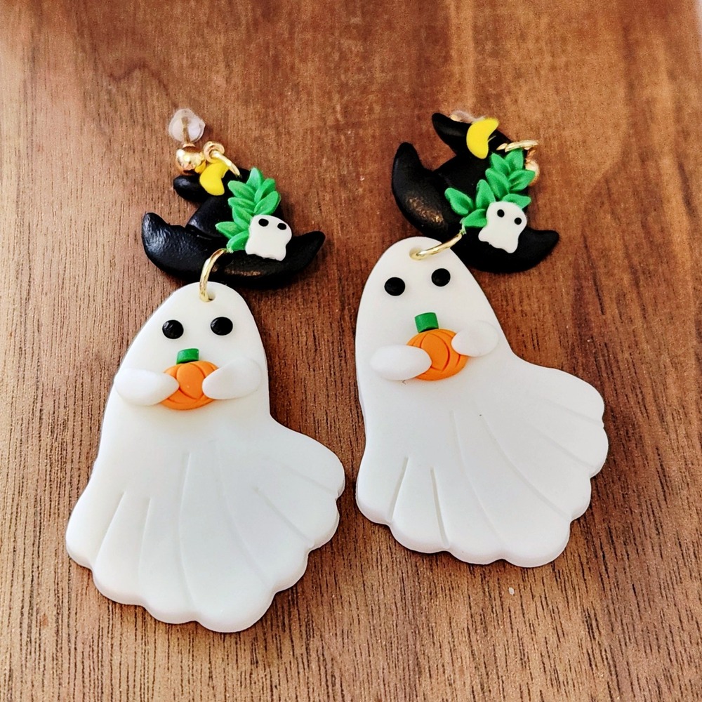 Handmade Polymer Clay Ghost Witch Hat Halloween Dangle Earrings White Orange